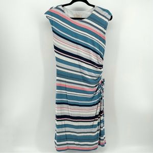 LOFT Knee Length Dress Blue Pink Stripe Side Scrunch S